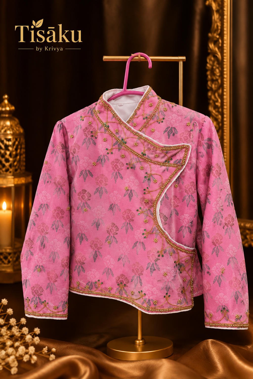A pink traditional-style wrap jacket with floral embroidery and gold trim, displayed on a gold hanger stand against a dark brown draped background with decorative lanterns.